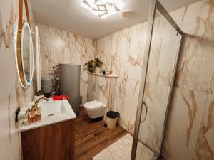 a bathroom with a sink and a toilet at Casuta Cerbului Colibita in Colibiţa +6 photos