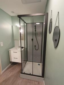 a glass shower in a bathroom with a sink at Agréable studio privé avec terrasse in Olliergues