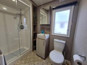 a bathroom with a toilet and a sink and a shower at Silversands - Private Caravan Let in Lossiemouth +13 photos