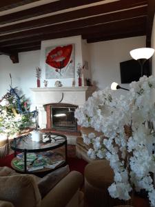 a living room with a fireplace and white flowers at La villa Dakoté in Sassenay