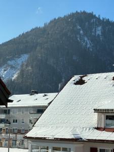 a snow covered roof of a building in front of a mountain at LYMA Suites - Apartment G2 in Immenstadt im Allgäu