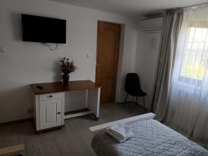 a bedroom with a bed and a desk and a television at casa Flav in Iaşi
