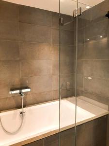 a glass shower in a bathroom with a tub at Ferienwohnung Bergzauber mit Balkon & Bergblick in Schliersee +9 photos