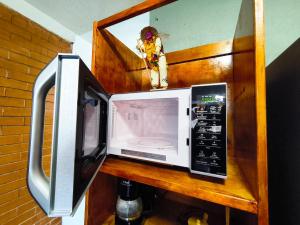 a microwave sitting on a wooden shelf with a mirror at Alojamiento en Tlaxco in Tlaxco de Morelos