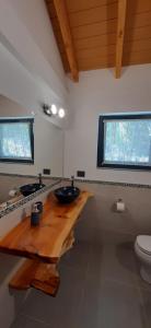a bathroom with a wooden counter with two sinks and a toilet at Cá du Mattu in Villa Pehuenia