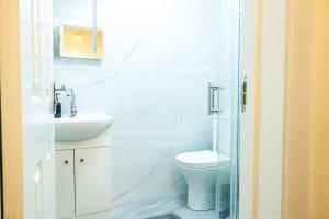 a white bathroom with a toilet and a sink at West London Spacious Modern House Garden Driveway in London