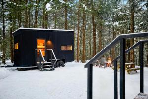 a black tiny house in the woods in the snow at Postcard Cabins Chattahoochee, Outdoor Collection by Marriott Bonvoy in Suches
