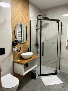 a bathroom with a sink and a shower at Tatra Widok in Bukowina Tatrzańska