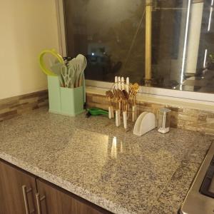 a kitchen counter with a sink with utensils on it at Departamento azul de 2 hab en la Victoria, cerca de universidades con garaje in Ibarra +38 photos