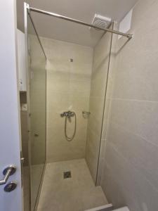 a bathroom with a shower with a glass door at Cerca de todo, monoambiente con parking in Montevideo +6 photos