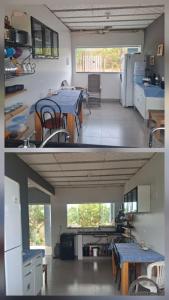 two pictures of a kitchen with a table and a room at Cantinho da Meirinha in Santana do Riacho