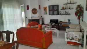 a living room with two couches and a fireplace at Georgia's Summer House in Karianí
