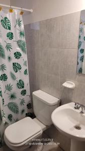 a bathroom with a toilet and a sink and a shower curtain at Depto Nacho in San Antonio Oeste