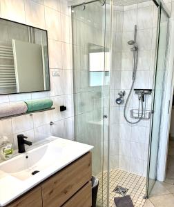 a bathroom with a shower and a sink at Ritas-Op-Soelring in Westerland