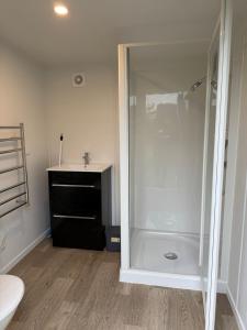 a bathroom with a shower and a sink at Ruapehu Views Cabin Getaway in Raetihi +13 photos