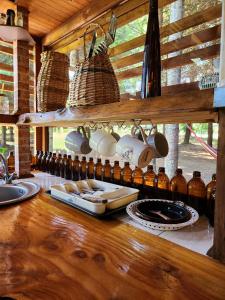 a kitchen with a counter with dishes and utensils at Brisas del llaima in Melipeuco