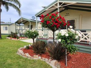 a garden with red and white flowers in front of a house at Paynesville Holiday Park in Paynesville