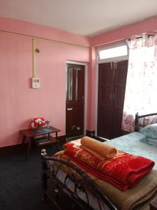 a bedroom with pink walls and a bed with red sheets at Bluemoon stay in Darjeeling