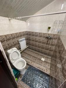 a bathroom with a toilet and a walk in shower at Snow Leopard Hostel in Karakol +65 photos
