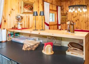 a kitchen with a counter with a counter top with a shelf at Almhütte Tamberger in der Feldpann-Alm in Rauth +24 photos