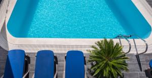 an empty swimming pool with blue chairs and a palm tree at Villa Marina in Omiš