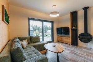 a living room with a couch and a tv at Rezidence U Hájenky 434 in Lipno nad Vltavou