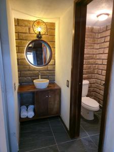 a bathroom with a sink and a mirror and a toilet at cabañas el rio alcatraz in Zacatlán