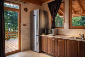 a kitchen with a stainless steel refrigerator and a microwave at Orion in Borzont +25 photos