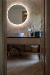 a bathroom with a sink and a mirror at Panekelpių vienkiemis in Aguriškės