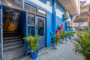 a blue building with potted plants in front of it at The PratiQ Neo - Meera Bagh in New Delhi