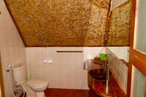 a bathroom with a toilet and a glass sink at Mbeliling Mountain Ecolodge in Noca