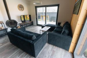 a living room with a couch and a table at Rezidence U Hájenky 434 in Lipno nad Vltavou +78 photos