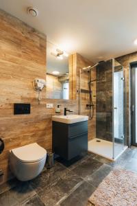 a bathroom with a toilet and a sink and a shower at Rezidence U Hájenky 434 in Lipno nad Vltavou