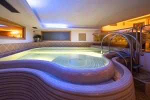 a large swimming pool in a hotel room with a pool at Hotel Luis in Fiera di Primiero