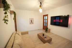 a living room with a couch and a tv at Lumena - Kingsize Beds, ultracentral, 80mp in Topliţa