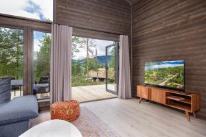 a living room with a flat screen tv and a sliding glass door at Berre Veit 6p in Vradal