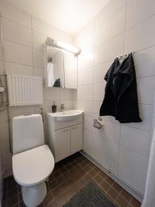 a white bathroom with a toilet and a sink at Bright apartment in the Center in Kajaani +17 photos