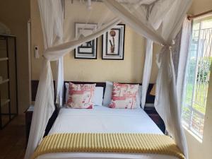 a bedroom with a white canopy bed with pillows at Inkindaba Guest Lodge in Victoria Falls