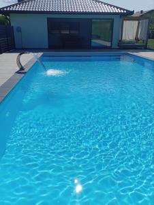 a swimming pool with a water fountain at Villa Rustic in Majetići