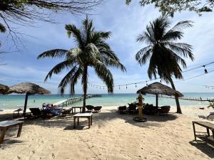 a beach with chairs and palm trees and the ocean at Amor Resort Koh Rong in Koh Rong Island +77 photos