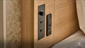 a pair of electrical switches on a wooden door at Daiwa Roynet Hotel Mito in Mito