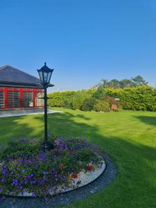 a lamp post in a circle of flowers in a garden at This is the Place in Ballinrobe