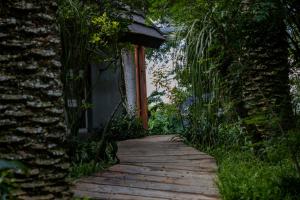 a wooden walkway leading to a building with a door at Highveld Splendour Boutique Bed and Breakfast in Ermelo