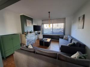 a living room with two couches and a television at Vakantiewoning dEreplatse in Zuienkerke