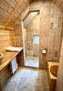 a bathroom with a shower and a sink at Aux Étangs de Jourgnac - Kota in Jourgnac