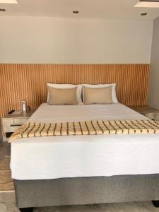 a large bed with two pillows on top of it at Marble Crest Guest House in Maun