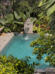 a swimming pool with a fountain in a garden at Sesatha waters edge villa in Tangalle
