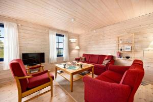 a living room with red furniture and a tv at Marits Hytte 6p in Vradal