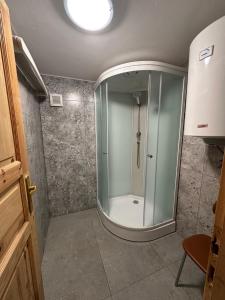 a shower with a glass door in a bathroom at Chalupa Blažkova in Čadca +17 photos