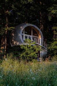 a circular house with a staircase in a forest at Echo - Baumhaus K1 in Odenthal